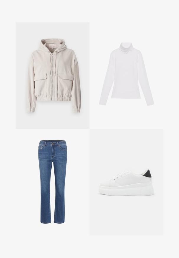 Bež korduroy jakk kapuutsiga, esimesel lukuga, kahe rinna taskuga ning elastsete äärtega. Pehme tekstuur koos silmapaistva ribakujundusega.; Valge pikkade varrukate turtleneck-särk, mis on valmistatud siledast ja venivast kangast. Omab kõrget kraed ja keha lähedast lõiget, ilma nähtavate mustrite või kaunistusteta.; Sinine denimist teksapüks, sirge säärega disain, sobiv vöökoht, vöösilmused, viis taskut ja väike pruun nupp vöö peal.; Valged platvormsneakerid, mis on valmistatud siledast sünteetilisest materjalist, ovaalse toe, paelkinnise disaini ja tekstuurse kummitaldiga. Must kontsrihm.