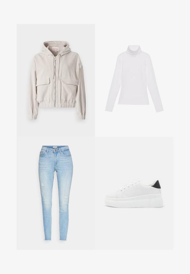 Chaqueta de pana beige con capucha, cremallera frontal, dos bolsillos en el pecho y dobladillo y puños elásticos. Textura suave con patrón de canalé visible.; Top blanco de manga larga y cuello alto, confeccionado en una tela suave y elástica. Presenta un diseño ajustado, sin patrones o adornos visibles.; Jeans ajustados de color azul claro, fabricados en denim, con una cintura alta, detalles desgastados en las rodillas y dobladillo deshilachado. Diseño clásico de cinco bolsillos.; Zapatillas de plataforma blancas hechas de material sintético suave, con punta redondeada, diseño de cordones y suela de goma texturizada. Acento en el talón negro.