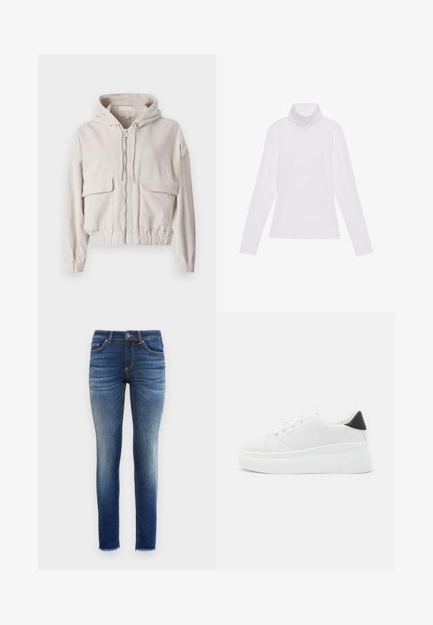 Chaqueta de pana beige con capucha, cremallera frontal, dos bolsillos en el pecho y dobladillo y puños elásticos. Textura suave con patrón de canalé visible.; Top blanco de manga larga y cuello alto, confeccionado en una tela suave y elástica. Presenta un diseño ajustado, sin patrones o adornos visibles.; Jeans ajustados de denim, con un lavado degradado de azul oscuro a claro, diseño de cinco bolsillos y dobladillo deshilachado en los tobillos.; Zapatillas de plataforma blancas hechas de material sintético suave, con punta redondeada, diseño de cordones y suela de goma texturizada. Acento en el talón negro.