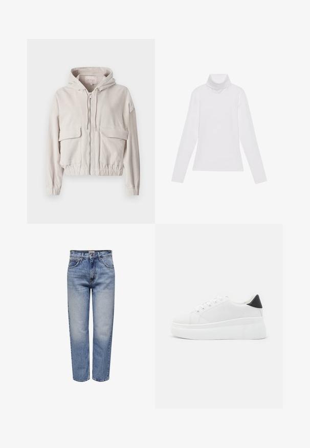 Chaqueta de pana beige con capucha, cremallera frontal, dos bolsillos en el pecho y dobladillo y puños elásticos. Textura suave con patrón de canalé visible.; Top blanco de manga larga y cuello alto, confeccionado en una tela suave y elástica. Presenta un diseño ajustado, sin patrones o adornos visibles.; Jeans de mezclilla azul claro con corte relajado, diseño de cinco bolsillos, cierre de botón y áreas desgastadas para un aspecto vintage. Corte recto.; Zapatillas de plataforma blancas hechas de material sintético suave, con punta redondeada, diseño de cordones y suela de goma texturizada. Acento en el talón negro.