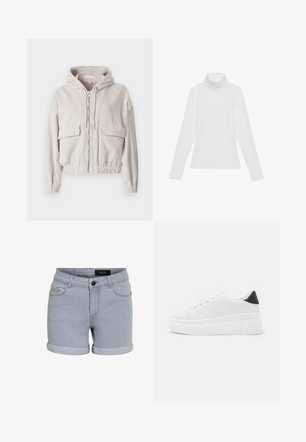Bež jakna od kordura s kapuljačom, prednjim zatvaračem, dva džepa na prsima i elastičnim rubovima te manžetama. Mekana tekstura s vidljivim rebrastim uzorkom.; Bijela majica dugih rukava s rolificom izrađena od glatkog, rastezljivog materijala. Ima visoki ovratnik i uski kroj, bez vidljivih uzoraka ili ukrasa.; Svijetloplave traper šortse s prevrnutim rubom, koji imaju pet džepova i zakopčavanje na gumb. Tkanina ima glatku teksturu i suptilne detalje prošivanja.; Bijele platforme tenisice napravljene od glatkog sintetičkog materijala, s okruglim vrhom, dizajnom s vezanjem i teksturiranom gumenom potplatom. Crni detalj na peti.