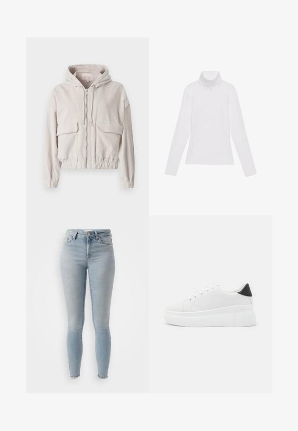 Beige kordbársonyzsák kapucnival, elülső cipzárral, két mellzsebbel, valamint rugalmas derékrésszel és mandzsettával. Puha tapintású, látható bordázott mintázattal.; Fehér, hosszú ujjú, garbónyakú felső sima, rugalmas anyagból készült. Magas nyakkal és testhezálló fazonnal rendelkezik, látható minták vagy díszítések nélkül.; Világoskék, slim fit farmernadrág. Magas derekú kialakítás, öt zsebes stílus, szaggatott szegéllyel a bokáknál. Sima tapintás.; Fehér platform sportcipők sima szintetikus anyagból, lekerekített orral, fűzős kialakítással és texturált gumitalppal. Fekete sarokdísz.
