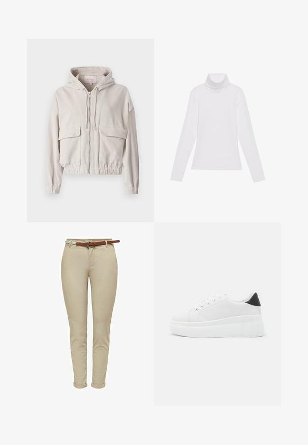 Beige kordjacka med huva, frontdragkedja, två bröstfickor och elastiskt nederkant och ärmar. Mjuk textur med synlig ribbad struktur.; Vit långärmad polotröja gjord av ett smidigt, stretchigt material. Har en hög krage och åtsittande design, utan synliga mönster eller dekorationer.; Beige slim-fit byxor i bomull med en jämn yta, med ett brunt läderbälte och uppvikta muddar för extra detalj.; Vita plattformssneakers gjorda av slät syntetiskt material, med rund tå, snörningsdesign och en texturerad gummisula. Svart hälaccent.