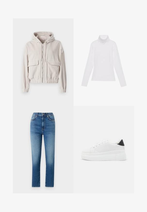 Bež jakna iz kordura s kapuco, sprednjim zadrgo, dvema žepoma na prsih ter elastičnimi robovi in manšetami. Mehka tekstura z vidnim rebrastim vzorcem.; Bela dolga majica s turtleneck ovratnikom, izdelana iz gladke, raztegljive tkanine. Ima visok ovratnik in prilega telesu, brez vidnih vzorcev ali okrasitev.; Modre jeans visoke pasnice, izdelani iz denima, z ravnim krojem hlačnic, petimi žepi in diskretnim zbledelostjo za teksturo in podrobnosti.; Bele platform tenisice izdelane iz gladkega sintetičnega materiala, z zaobljenim prstom, sistemom vezalk in teksturiranim gumijastim podplatom. Črn dodatek na peti.