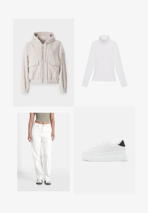 Beżowa kurtka z sztruksu z kapturem, zamek błyskawiczny z przodu, dwie kieszenie na piersi oraz elastyczne mankiety i dół. Miękka tekstura z widocznym prążkowanym wzorem.; Biała bluzka z długim rękawem i golfem, wykonana z gładkiego, elastycznego materiału. Posiada wysoki kołnierz i dopasowany krój, bez widocznych wzorów czy zdobień.; Białe dżinsy w luźnym kroju, z zapięciem na guziki, pięcioma kieszeniami i lekko fakturowaną powierzchnią. Połączone z casualowym obuwiem.; Białe sneakersy na platformie wykonane z gładkiego materiału syntetycznego, z zaokrąglonym noskiem, sznurowanym zapięciem i teksturowaną gumową podeszwą. Czarne akcenty na pięcie.