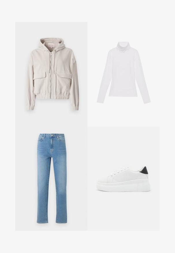 Beige corduroy jas met een capuchon, voorrits, twee borstzakken en een elastische onderrand en manchetten. Zachte textuur met zichtbaar ribbelpatroon.; Witte lange mouw turtleneck top gemaakt van glad, elastisch materiaal. Voorzien van een hoge kraag en een getailleerd ontwerp, zonder zichtbare patronen of versieringen.; Lichtblauwe denimjeans met een rechte snit, vijf zakken ontwerp en een vervaagde afwerking. Voorzien van een metalen knoop en ritsluiting in de taille.; Witte platform sneakers van glad synthetisch materiaal, met een afgeronde neus, vetersluiting en een gestructureerde rubberen zool. Zwarte hielaccent.