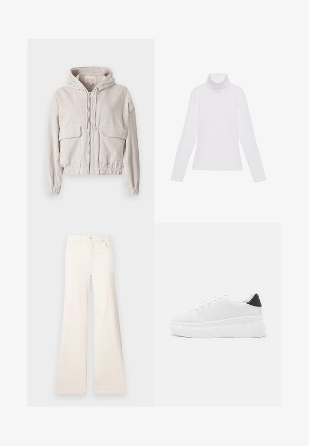 Jachetă din catifea bej cu glugă, fermoar frontal, două buzunare pe piept și tivuri și manșete elasticizate. Textură moale cu un model ribatat vizibil.; Tricou alb cu mâneci lungi și guler înalt, realizat dintr-un material neted și elastic. Dispune de un design ajustat, fără modele vizibile sau embellishments.; ONLY ONLMADISON WIDE - Wide leg - ecru; Adidași albi cu platformă, fabricați din material sintetic neted, cu vârf rotund, design cu șireturi și talpă din cauciuc texturat. Accente negre la călcâi.