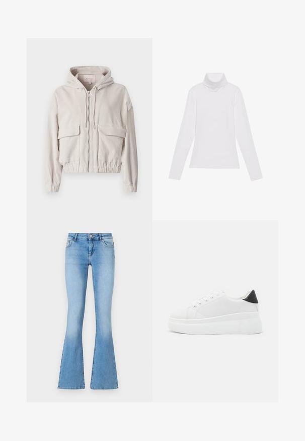Beige corduroy jacket with a hood, front zipper, two chest pockets, and elasticized hem and cuffs. Soft texture with visible ribbed pattern.; White long-sleeve turtleneck top made of smooth, stretchy fabric. Features a high collar and fitted design, with no visible patterns or embellishments.; Light blue flared jeans made of denim with a mid-rise waist, featuring front pockets and stitching details along the seams and hems.; White platform sneakers made of smooth synthetic material, featuring a rounded toe, lace-up design, and a textured rubber sole. Black heel accent.