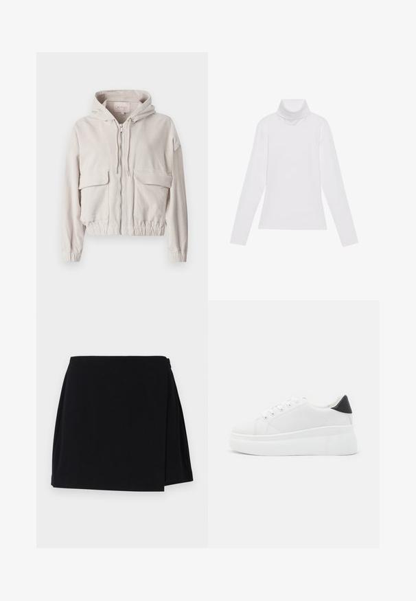 Bež jakna iz kordura s kapuco, sprednjim zadrgo, dvema žepoma na prsih ter elastičnimi robovi in manšetami. Mehka tekstura z vidnim rebrastim vzorcem.; Bela dolga majica s turtleneck ovratnikom, izdelana iz gladke, raztegljive tkanine. Ima visok ovratnik in prilega telesu, brez vidnih vzorcev ali okrasitev.; Črna ovita krila z gladko teksturo in sproščenim dizajnom. Krilo je kratke dolžine in ima stransko odprtje za lažje gibanje.; Bele platform tenisice izdelane iz gladkega sintetičnega materiala, z zaobljenim prstom, sistemom vezalk in teksturiranim gumijastim podplatom. Črn dodatek na peti.