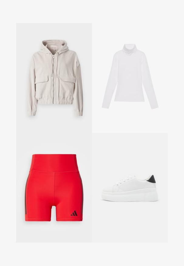 Beżowa kurtka z sztruksu z kapturem, zamek błyskawiczny z przodu, dwie kieszenie na piersi oraz elastyczne mankiety i dół. Miękka tekstura z widocznym prążkowanym wzorem.; Biała bluzka z długim rękawem i golfem, wykonana z gładkiego, elastycznego materiału. Posiada wysoki kołnierz i dopasowany krój, bez widocznych wzorów czy zdobień.; Czerwone sportowe spodenki z wysokim stanem, wykonane z elastycznego materiału, z czarnymi paskami po bokach i wytłoczonym logo w dolnym rogu.; Białe sneakersy na platformie wykonane z gładkiego materiału syntetycznego, z zaokrąglonym noskiem, sznurowanym zapięciem i teksturowaną gumową podeszwą. Czarne akcenty na pięcie.