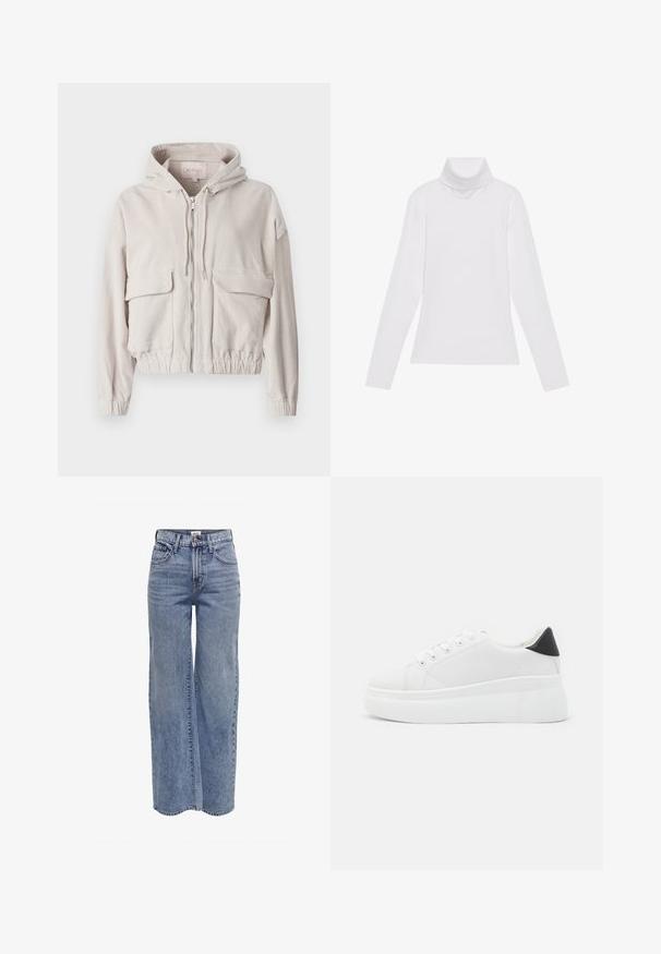 Beige kordfløyelsjakke med hette, glidelås foran, to brystlommer og elastisk hem og mansjetter. Myk tekstur med synlig ribbet mønster.; Hvit langermet høyhalset topp laget av glatt, elastisk stoff. Har høy krage og tettsittende design, uten synlige mønstre eller dekorasjoner.; Bredde ben blå jeans laget av denim, med høy midje, klassisk fem-lomme-design og falmet tekstur med subtile «whiskering».; Hvite plattform sneakers laget av glatt syntetisk materiale, med rund tå, snøring og en strukturert gummisåle. Svart hæl akcent.