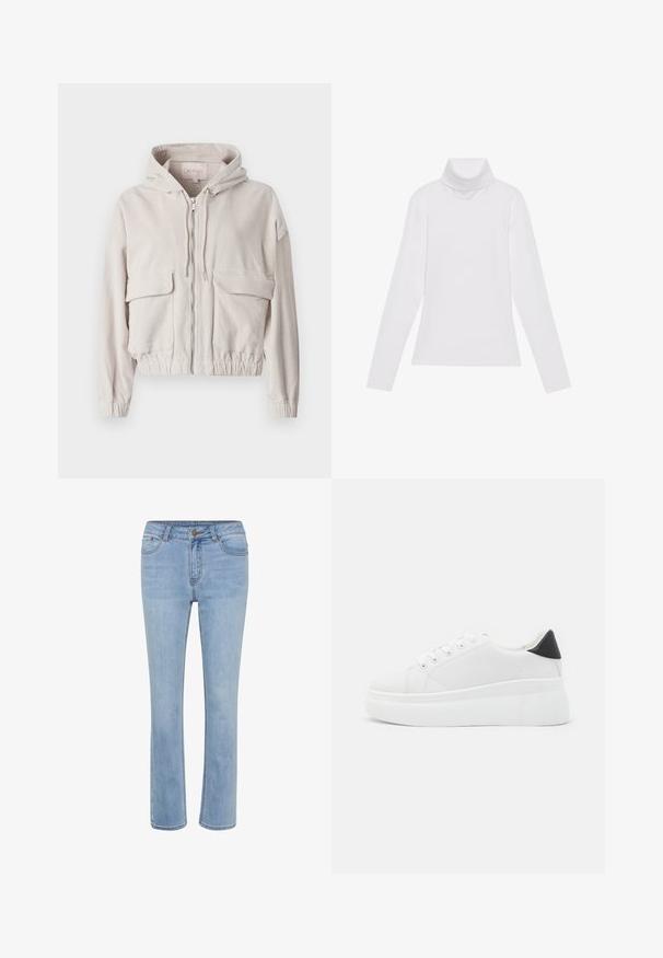 Bežinė korduroy striukė su gobtuvu, priekyje užtrauktuku, dviem krūtinės kišenėmis ir elastingu apvadu bei rankogaliais. Minkšta tekstūra su matomu pynimo raštu.; Baltas ilgomis rankovėmis turtleneko tipo marškinėliai, pagaminti iš lygaus, tamprus audinys. Yra aukštas apykaklė ir prisitaikantis dizainas, be matomų raštų ar papuošimų.; Šviesiai mėlynos džinsinės kelnės su tiesia kojos forma, mygtukų uždarymu ir priekinėmis kišenėmis su kontrastingais siūlų raštais. Lygus paviršius.; Balti platforminiai sportbačiai, pagaminti iš lygios sintetinio audinio, su apvaliu pirštu, raištelių užsegimu ir tekstūruota guma padanga. Juodas kulno akcentas.