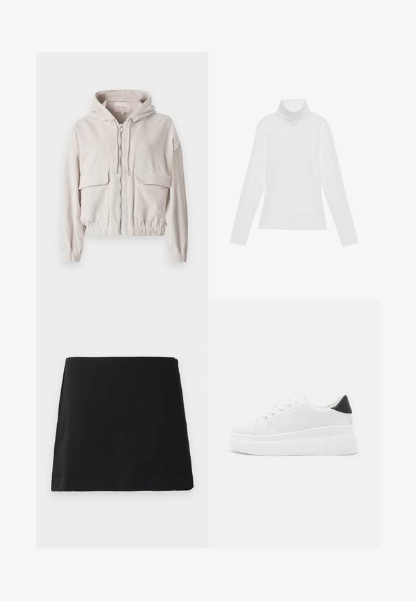 Veste en velours côtelé beige avec capuche, fermeture éclair sur le devant, deux poches poitrine et ourlet et poignets élastiqués. Texture douce avec un motif côtelé visible.; Haut à col roulé à manches longues blanc, fabriqué en tissu lisse et extensible. Il présente un col haut et une coupe ajustée, sans motifs ni embellissements visibles.; Mini jupe noire, coupe droite, avec une texture lisse, présentée à plat sur un fond blanc.; Baskets plates blanches en matériau synthétique lisse, avec un bout arrondi, un design à lacets et une semelle en caoutchouc texturé. Accent de talon noir.