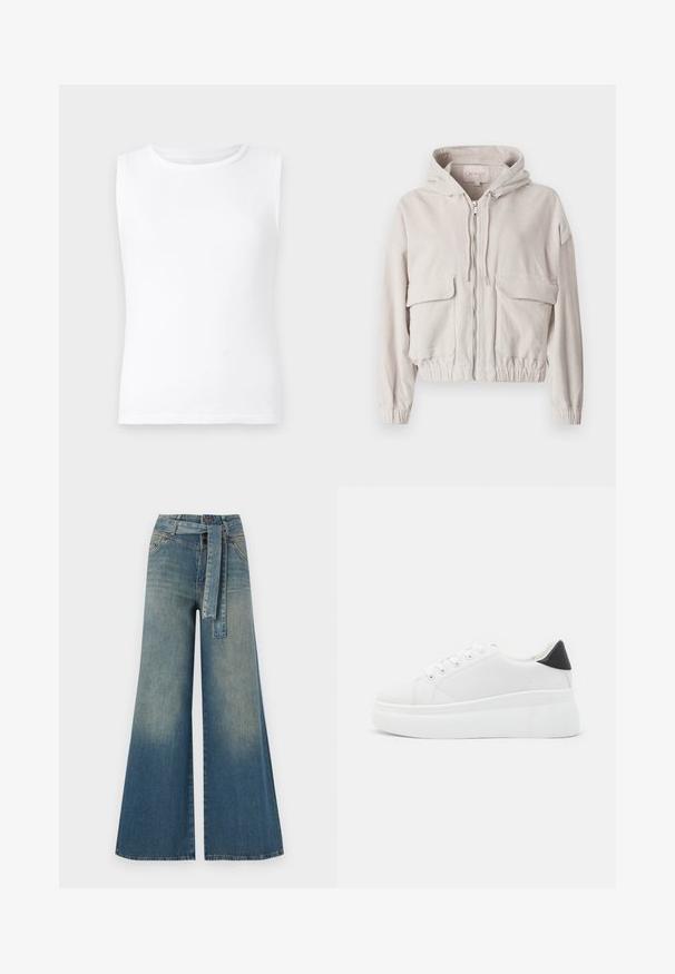 Veste en velours côtelé beige avec capuche, fermeture éclair sur le devant, deux poches poitrine et ourlet et poignets élastiqués. Texture douce avec un motif côtelé visible.; T-shirt sans manches blanc en coton, avec un col rond et une texture lisse et douce. Ourlet droit sans détails supplémentaires.; Pantalons en denim à jambe large présentant un dégradé de bleu clair à bleu foncé, taille haute, passants de ceinture et une ceinture en tissu assortie. Finition en denim texturé.; Baskets plates blanches en matériau synthétique lisse, avec un bout arrondi, un design à lacets et une semelle en caoutchouc texturé. Accent de talon noir.