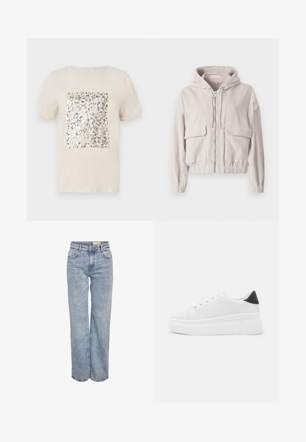 Beige Corduroy-Jacke mit Kapuze, Frontreißverschluss, zwei Brusttaschen und elastischem Saum und Bündchen. Weiche Textur mit sichtbarem Rippmuster.; Beige T-Shirt mit kurzen Ärmeln und einem quadratischen silbernen Tierdruck-Graphic in der Mitte. Weiches Baumwollmaterial, klassischer Rundhalsausschnitt.; Hellblau weite Jeans aus Denim, mit hoher Taille, fünf Taschen-Design und subtilen Ausbleichungen für einen eingesessenen Look.; Weiße Plateausneaker aus glattem Kunstmaterial, mit runder Zehenform, Schnürdesign und einer strukturierten Gummisohle. Schwarzer Fersenakzent.