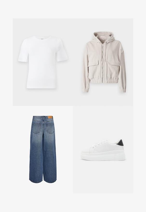 Beige corduroy jacket with a hood, front zipper, two chest pockets, and elasticized hem and cuffs. Soft texture with visible ribbed pattern.; Plain white short-sleeve crew neck t-shirt with a straight hem and a GAP label inside the collar on a light background.; Wide-leg denim culottes in medium blue wash with a faded texture, featuring two back pockets and a brown leather brand tag on the waistband.; White platform sneakers made of smooth synthetic material, featuring a rounded toe, lace-up design, and a textured rubber sole. Black heel accent.