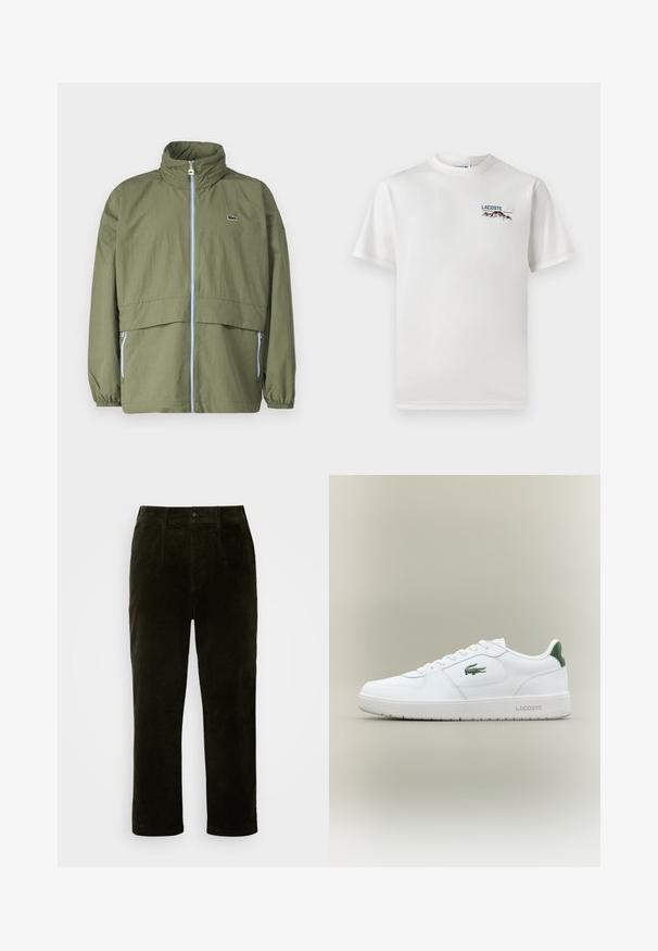 Olajzöld dzseki magas gallérral, elöl cipzárral, rugalmas mandzsettákkal és két oldalsó zsebbel; a mellkasán egy kis logóval rendelkezik.; Fehér pamut póló kerek nyakkivágással, rövid ujjal és egy kis gépi hímzésű logóval, amely hegyeket és szöveget ábrázol a bal mellen.; Sötétzöld kordbársony nadrág, egyenes fazonnal, elülső zsebekkel, gombos záródással és texturált anyaggal.; Fehér bőr sneaker sima felülettel, zöld akcentussal a saroknál, és zöld logóval az oldalon. Lapos talpa és kerek orra van.