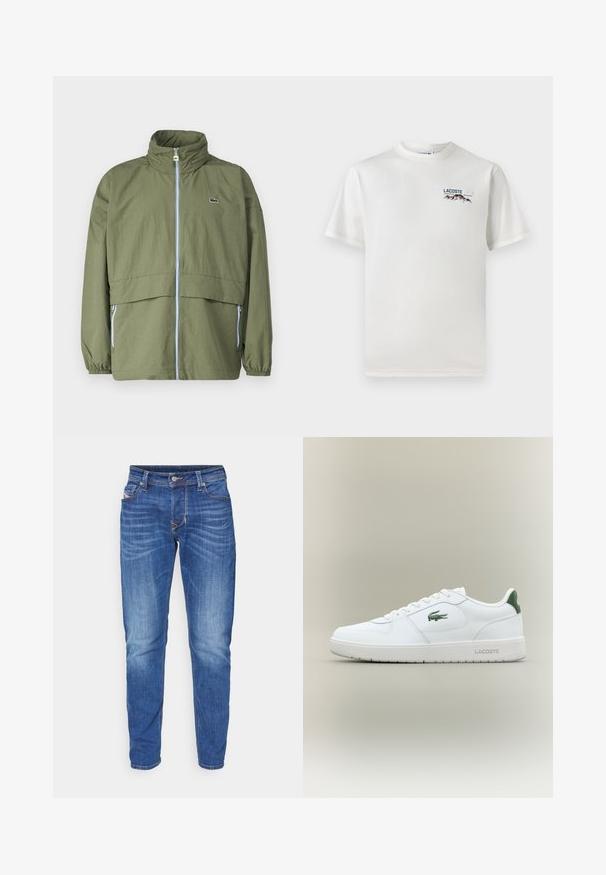 Maslinasto zelena jakna s visokim ovratnikom, prednjim zatvaračem, elastičnim manžetama i dva bočna džepa; na prsima se nalazi mali logo.; Bijela pamučna majica s okruglim izrezom, kratkim rukavima i malim izvezenim logotipom koji prikazuje planine i tekst na lijevoj strani grudi.; Plave traperice s ravnim krojem, s izblijedjelim pranjem, pet džepova i kontrastnim šavovima.; Bijele kožne tenisice s glatkom površinom, zelenim naglascima na peti i zelenim logotipom sa strane. Imaju ravni potplat i okrugli vrh.
