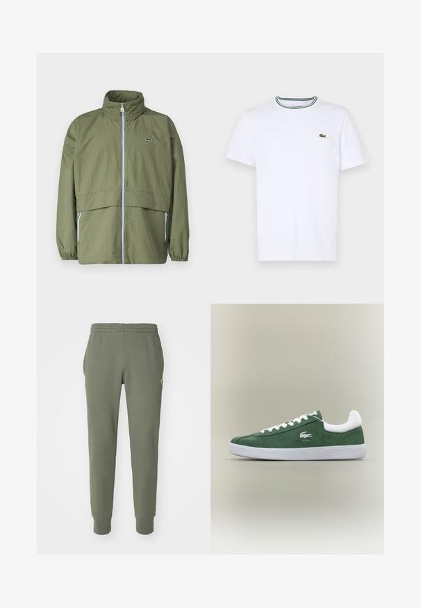 Olive zelena jakna z visokim ovratnikom, sprednjim zadrgo, elastičnimi manšetami in dvema stranskima žepoma; vsebuje majhen logotip na prsih.; Bela bombažna majica s kratkimi rokavi z ribastim ovratnikom, ki ima zelene in črne črte; majhen zeleni vezen logotip na levem prsnem delu.; Olivno zelene trenirke iz mehkega blaga, z elastičnim pasom, stranskimi žepi in zoženimi manšetami. Logotip blagovne znamke na bokih.; Nizkoprofilni zeleni suedenih športni copati z belimi vezalkami, belim podplatom, oblazinjenim ovratnikom in izvezenim logojem krokodila z besedilom "EST. 1933".
