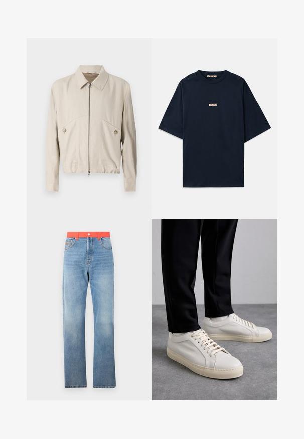 Šviesiai smėlinė zip-up striukė su apykakle, mygtukais ir sutrumpintu dizainu. Pagaminta iš lygaus audinio, su dviem priekinėmis kišenėmis.; Tamsiai mėlyna medvilninė marškinėliai, kurie turi trumpas rankoves, apvalią kaklo iškirptę ir mažą raudonai baltą logotipo ženklelį priekyje.; Šviesiai mėlynos džinsinės kelnės tiesaus kirpimo, su ryškiai raudona juosmeniu ir įprasta mygtuko bei užtrauktuko uždarymo sistema.; Šviesūs smėlio spalvos odiniai sportbačiai su plokščiomis raišteliais, tekstūruotu paviršiumi ir kontrastinga kreminės spalvos gumine padu, derinami su juodomis siaurėjančiomis kelnėmis.