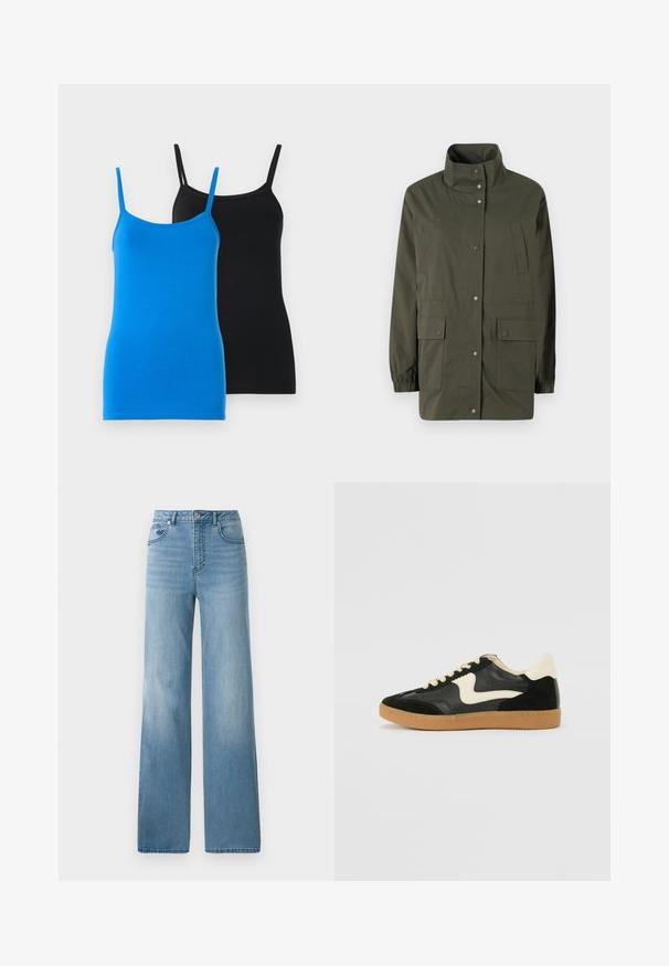 Olivengrüne, leichte Jacke mit hohem Kragen, Druckknöpfen und zwei aufgesetzten Taschen vorne. Verfügt über elastische Bündchen und einen geraden Schnitt.; Schwarze Strickjacke mit langen, gepufften Ärmeln und durchgehender Knopfleiste. Verfügt über sechs braune Knöpfe und einen gerippten Saum. Strukturierter Stoff.; Baumwolltanktops in Blau und Schwarz. Beide haben dünne Träger und ein figurbetontes Design. Das blaue Top hat eine glatte Textur, während das schwarze Top uni ist.; Helleblaue hochtaillierte Jeans mit geradem Bein. Aus Denim gefertigt, mit fünf Taschen und einem Knopfverschluss.; Schwarze Wildleder- und Leder-Sneaker mit einem cremefarbenen Seiten-Swoosh und einer hellcremefarbenen Ferse. Ausgestattet mit beige Schnürsenkeln und einer Gummilaufsohle.