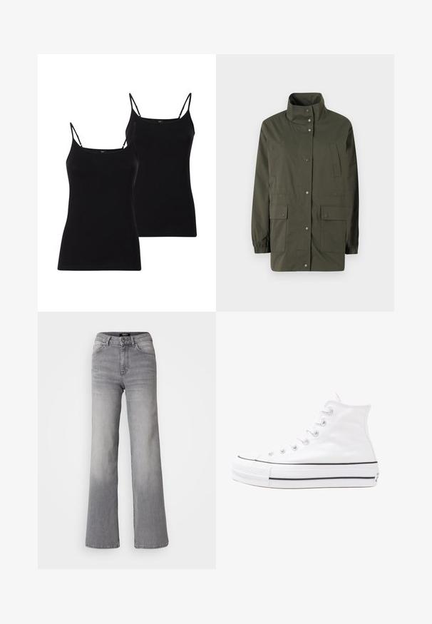 Olive green, lightweight jacket with high collar, snap buttons, and two front patch pockets. Features elastic cuffs and a straight cut.; Dark brown knitted cardigan with a round neckline, five large buttons, and ribbed cuffs. Cropped design with textured fabric.; Two black camisoles with thin spaghetti straps, made of soft fabric, featuring a fitted design and a smooth texture, ideal for layering.; High-waisted straight-leg gray denim jeans with front button and zipper, front and back pockets, and faded shading on thighs and calves.; White high-top canvas sneaker with black rubber sole, front rubber toe cap, and six eyelets for laces, featuring a clean, minimalist design.