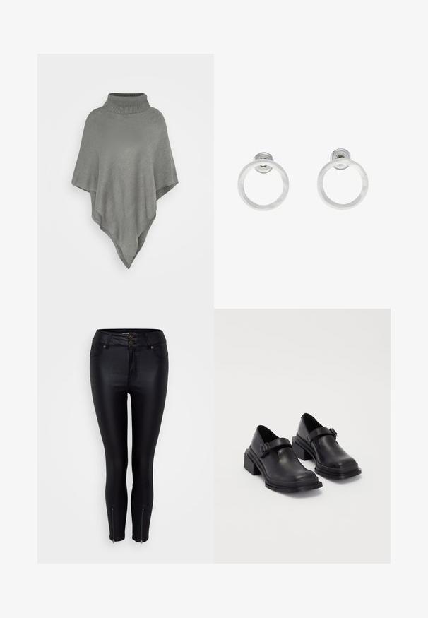 Svijetlosivi pončo s visokim, rebrastim ovratnikom. Ima teksturirani pleteni uzorak i lepršav, trokutasti oblik koji pada dolje.; Even&Odd Petite 2 PACK - Top - light grey/black; Crne skinny traperice s sjajnim efektnim kožnim završetkom, dva prednja džepa, dvostruko dugme za zatvaranje i munje na gležnjevima za detalj.; Crne kožne cipele s okruglim vrhom, ravnim đonom i remenom s detaljem kopče. Debeli blok peti za dodatnu stabilnost.; Srebrne metalne naušnice u obliku prstena s brušenom teksturom, s kružnim dizajnom i prozirnom vrstom kopče za sigurno nošenje.