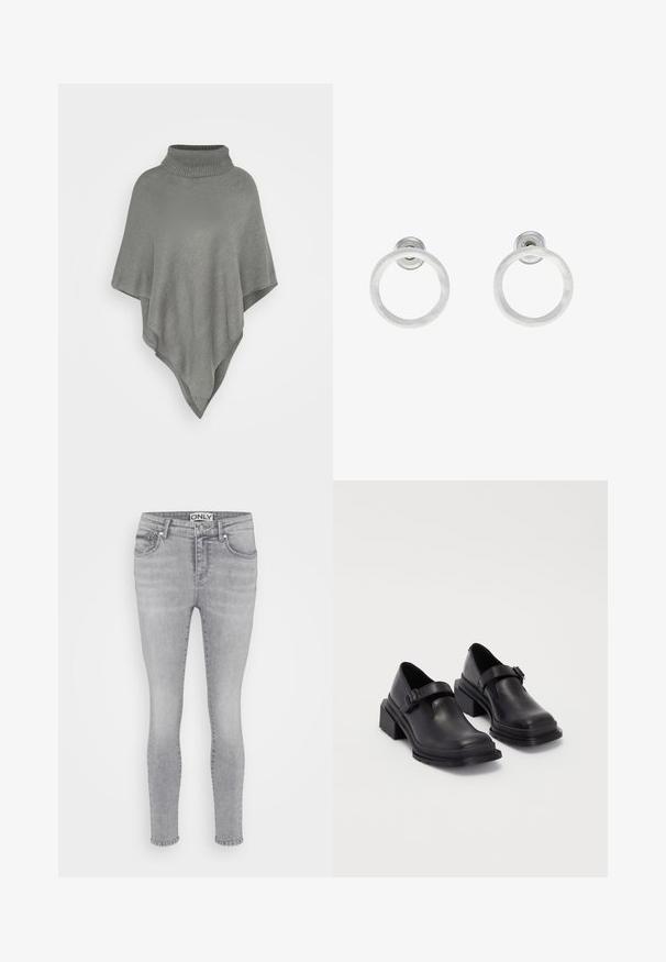 Svijetlosivi pončo s visokim, rebrastim ovratnikom. Ima teksturirani pleteni uzorak i lepršav, trokutasti oblik koji pada dolje.; Even&Odd Petite 2 PACK - Top - light grey/black; Sive traperice uskog kroja s pet džepova, zatvaranjem na gumb i petljama za remen. Tkanina ima glatku teksturu i blago izblijeđenu boju.; Crne kožne cipele s okruglim vrhom, ravnim đonom i remenom s detaljem kopče. Debeli blok peti za dodatnu stabilnost.; Srebrne metalne naušnice u obliku prstena s brušenom teksturom, s kružnim dizajnom i prozirnom vrstom kopče za sigurno nošenje.