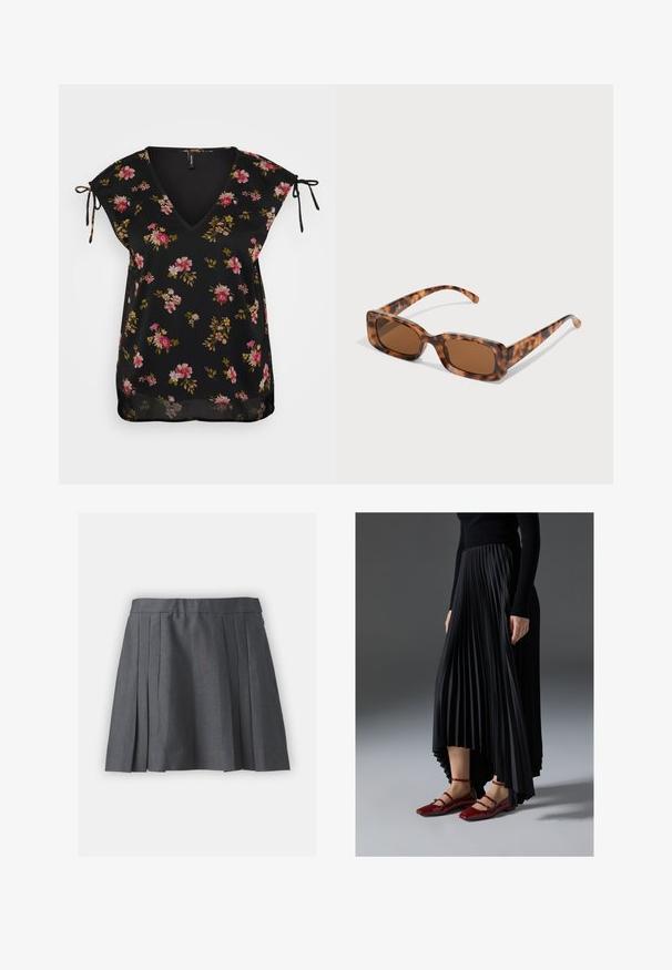 Hallide, tekstuuriga bleiser, üksiknupuga kinnitusega, sälkupeadega ja kahe esiosa taskuga. Vooderdatud siseosa musta etiketiga.; Mustade lilledega pluus V-kaelusega, lühikeste varrukatega ja sidumisdetailidega õlgadel. Omab roosa ja rohelise lillemustrit. Sile tekstuur.; Even&Odd Petite 3 PACK - Pikkade varrukatega topp - black/white/light green; Hallide hallidega hall seelik, millel on tekstureeritud kangas, elastne vöökoht ja peidetud lukk. Omab ühtlaselt jaotatud volte, et luua struktureeritud välimus.; Mustmust seelik kõrgema ees- ja madalama taga servaga, kombineeritud läikivate punaste sussidega, millel on rihma kujundus. Kangas on sileda tekstuuriga.; Kilpkonna kestaga prillid, millel on ristkülikukujulised pruuni värvi objektiivid, paks raam ja peened käed, millel on erinevate pruunide toonide muster.