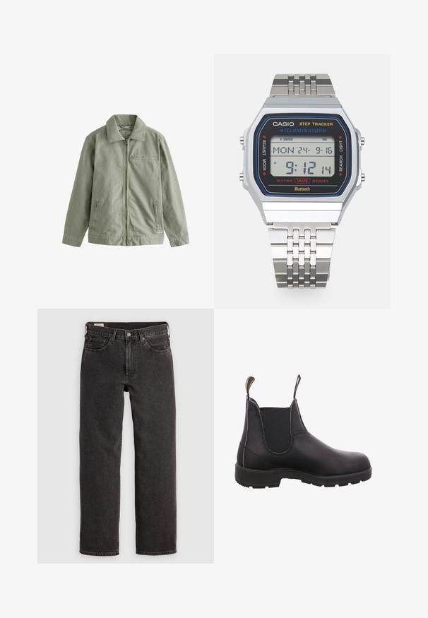 Jasnozielona kurtka wykonana z mocnej bawełny, z zapięciem na zamek z przodu, spiczastym kołnierzem, bocznymi kieszeniami i małą kieszonką na piersi.; Jasnoszara hoodie z kapturem na sznurki, przednią kieszenią, ściągaczami przy mankietach i dolnej krawędzi, z delikatnie tłoczonym logo na klatce piersiowej.; Czarne dżinsy denimu o prostym kroju, pięć kieszeni i metalowe elementy. Materiał ma lekka fakturę i jednolity kolor.; Czarne skórzane botki za kostkę z elastycznymi panelami bocznymi, okrągłym noskiem i gumową podeszwą. Posiadają uchwyt z tyłu ułatwiający zakładanie.; Casio UNISEX srebrny