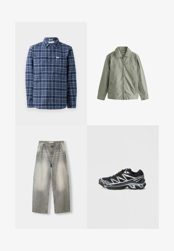 Svetlozelená bunda vyrobená z odolného bavlneného materiálu, s predným zipsom, špicatým golierom, bočnými vreckami a malým vreckom na hrudi.; Námornícky modrá kockovaná košeľa s gombíkmi vyrobená z tkaniny, s klasickým golierom, dlhými rukávmi a manžetami na tri gombíky.; Biela tričko s dlhým rukávom vyrobené z mäkkej bavlny. Okrúhly výstrih s rovnými lemami a bez viditeľných vzorov alebo grafiky.; Džínsy s širokým nohavím v svetlej sivej farbe. Vlastnosti zahŕňajú vybledlý vzhľad, päť vreciek a zapínanie na gombík. Materiál je mäkká denim.; Čierna bežecká obuv so striebornými akcentmi, materiál GORE-TEX, textúrovaná podrážka a farebné šnúrky. Obsahuje polstrovanú pätu pre podporu.