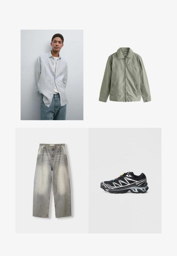 Giacca verde chiaro realizzata in robusto cotone, con chiusura a zip frontale, colletto a punta, tasche laterali e una piccola tasca sul petto.; Camicia button-up a righe blu chiaro e bianca con colletto, abbinata a jeans in denim blu chiaro. Tessuto morbido, vestibilità comoda e maniche lunghe.; T-shirt bianca a maniche corte in cotone con scollo rotondo e vestibilità rilassata. Nessun motivo o dettaglio visibile. Design semplice.; Jeans a gamba larga in un lavaggio grigio chiaro. Presentano una finitura sbiadita, cinque tasche e una chiusura con bottone. Il materiale è denim morbido.; Scarpa da corsa nera con accenti argento, materiale GORE-TEX, suola testurizzata e lacci colorati. Presenta un tallone imbottito per supporto.