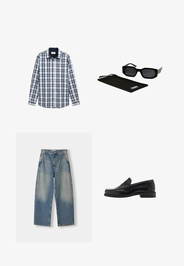 Lichtgroene jas van stevig katoenmateriaal, met een rits aan de voorkant, een puntige kraag, zijzakken en een klein borstzakje.; Langarm geruit overhemd, met blauwe, witte en bordeauxrode kleuren. Gemaakt van lichtgewicht stof met een button-down kraag en knopen aan de voorkant.; Lichtblauwe denim broek met wijde pijpen en een vervaagde afwerking, vijf zakken ontwerp en een ruwe zoom. Voorzien van een knoop- en ritssluiting aan de voorkant.; Zwarte leren instappers met een gladde afwerking, gestikte details op de neus en een lage hakontwerp voor comfort en stijl.; Zwarte zonnebril met hoekige, oversized monturen en donkere lenzen, vergezeld van een zwarte microfiber zak met een logo erop.