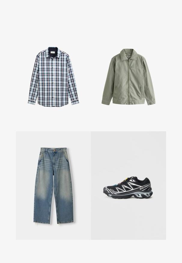 Lichtgroene jas van stevig katoenmateriaal, met een rits aan de voorkant, een puntige kraag, zijzakken en een klein borstzakje.; Langarm geruit overhemd, met blauwe, witte en bordeauxrode kleuren. Gemaakt van lichtgewicht stof met een button-down kraag en knopen aan de voorkant.; Lichtblauwe denim broek met wijde pijpen en een vervaagde afwerking, vijf zakken ontwerp en een ruwe zoom. Voorzien van een knoop- en ritssluiting aan de voorkant.; Zwart hardloopschoen met zilveren accenten, GORE-TEX materiaal, gestructureerde zool en kleurrijke veters. Voorzien van een gevoerde hak voor ondersteuning.
