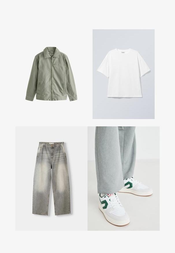 Svetlozelená bunda vyrobená z odolného bavlneného materiálu, s predným zipsom, špicatým golierom, bočnými vreckami a malým vreckom na hrudi.; Biely bavlnený tričko s okrúhlym výstrihom a krátkymi rukávmi. Uvoľnený strih bez viditeľných vzorov alebo akcentov. Hladká textúra.; Džínsy s širokým nohavím v svetlej sivej farbe. Vlastnosti zahŕňajú vybledlý vzhľad, päť vreciek a zapínanie na gombík. Materiál je mäkká denim.; Biele a zelené tenisky zo hladkej kože a semišu, s výrazným zeleným logom a bielymi šnúrkami. Šedé nohavice sú čiastočne viditeľné.