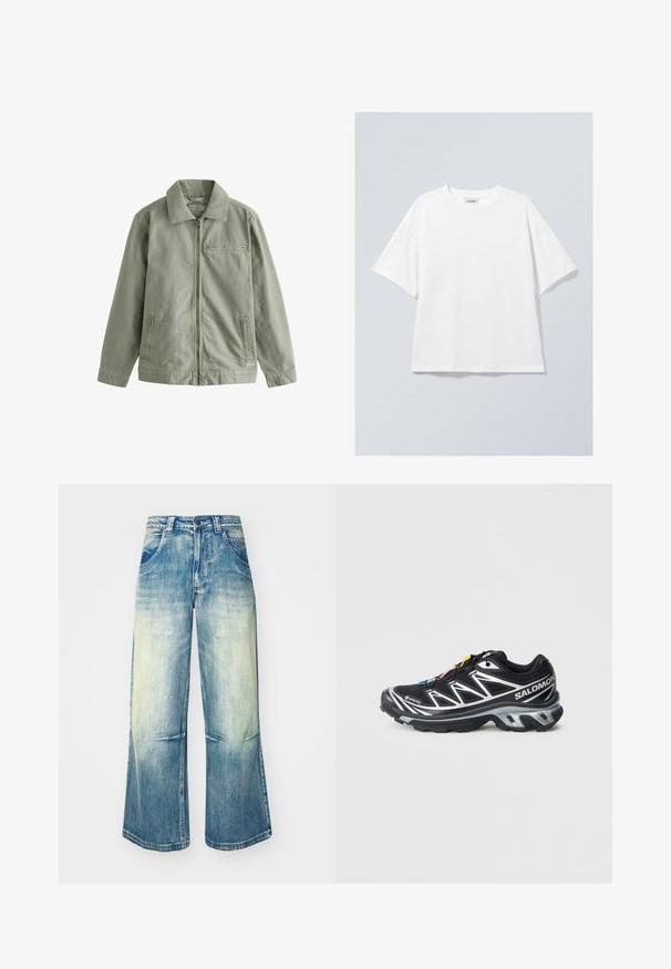 Svijetlo zelena jakna od čvrstog pamučnog materijala, s prednjim zatvaračem, šiljastim ovratnikom, bočnim džepovima i malim džepom na prsima.; Bijela pamučna majica s okruglim izrezom i kratkim rukavima. Opusti kroj bez vidljivih uzoraka ili naglasaka. Glatka tekstura.; Jaded London UNION JACK COLOSSUS - Traperice opuštenog kroja - light wash; Crne trkačke tenisice sa srebrnim akcentima, GORE-TEX materijalom, teksturiranom potplatom i šarenim vezicama. Imaju jastučić na peti za podršku.