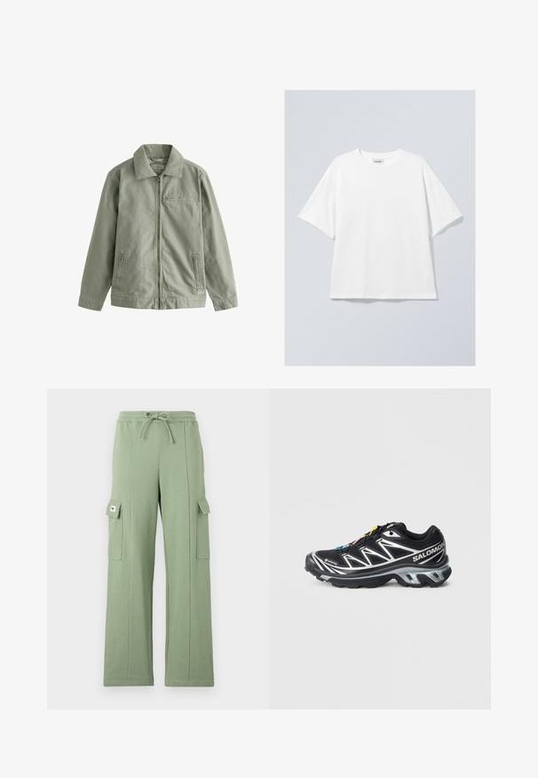 Svetlozelená bunda vyrobená z odolného bavlneného materiálu, s predným zipsom, špicatým golierom, bočnými vreckami a malým vreckom na hrudi.; Biely bavlnený tričko s okrúhlym výstrihom a krátkymi rukávmi. Uvoľnený strih bez viditeľných vzorov alebo akcentov. Hladká textúra.; Svetlozelené cargo nohavice vyrobené z bavlnenej zmesi; obsahujú elastický pás, šnúrku, široké nohavice a dve bočné vrecká so záklopkami.; Čierna bežecká obuv so striebornými akcentmi, materiál GORE-TEX, textúrovaná podrážka a farebné šnúrky. Obsahuje polstrovanú pätu pre podporu.