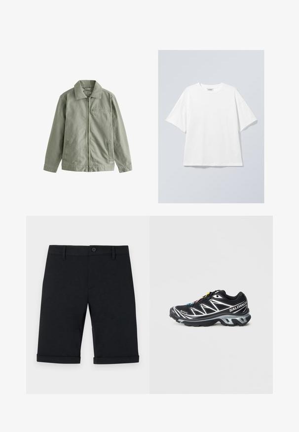 Šviesiai žalia striukė, pagaminta iš tvirto medvilninio audinio, su užtrauktuku priekyje, smaigalio formos apykakle, šoninėmis kišenėmis ir mažąja krūtine kišene.; Balta medvilnė marškinėliai su apvalia apykakle ir trumpomis rankovėmis. Laidus fasonas be matomų raštų ar akcentų. Lygus tekstūra.; Juodi medvilniniai šortai su mygtukų uždarymu, su plokščiu priekiu, suktomis kraštinėmis ir galiniais kišenėmis. Slydus paviršius ir pritaikytas siluetas.; Juodas bėgimo batai su sidabrinėmis detalėmis, GORE-TEX medžiaga, tekstūruota padas ir spalvoti raišteliai. Yra minkštas kulnas, suteikiantis paramą.