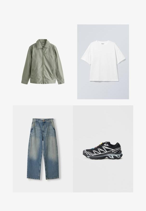 Jasnozielona kurtka wykonana z mocnej bawełny, z zapięciem na zamek z przodu, spiczastym kołnierzem, bocznymi kieszeniami i małą kieszonką na piersi.; Biała bawełniana koszulka z okrągłym dekoltem i krótkimi rękawami. Luźny krój bez widocznych wzorów czy akcentów. Gładka faktura.; Jasnoniebieskie dżinsy o szerokich nogawkach z wyblakłym wykończeniem, pięć kieszeni i surowy brzeg. Z przodu zapięcie na guzik i zamek błyskawiczny.; Czarne buty biegowe z srebrnymi akcentami, materiał GORE-TEX, teksturowana podeszwa i kolorowe sznurówki. Posiadają wyściełany obcas dla wsparcia.