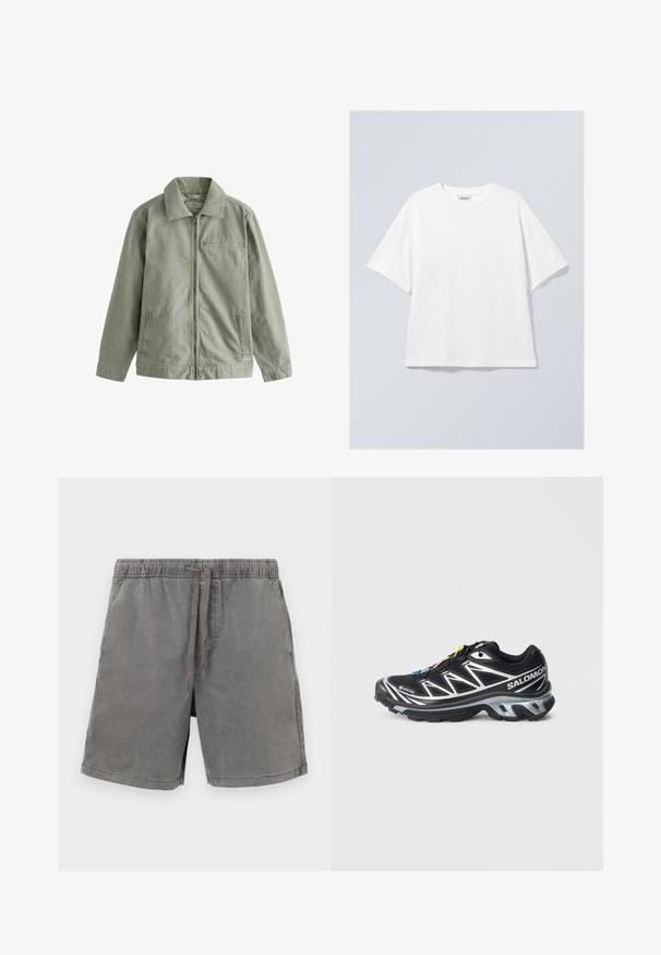 Lichtgroene jas van stevig katoenmateriaal, met een rits aan de voorkant, een puntige kraag, zijzakken en een klein borstzakje.; Witte katoenen T-shirt met een ronde halslijn en korte mouwen. Ontspannen pasvorm zonder zichtbare patronen of accenten. Soepele textuur.; Grijze katoenen shorts met een elastische tailleband met een koord, rechte snit en enkele zijzakken. Soepele textuur en casual ontwerp.; Zwart hardloopschoen met zilveren accenten, GORE-TEX materiaal, gestructureerde zool en kleurrijke veters. Voorzien van een gevoerde hak voor ondersteuning.