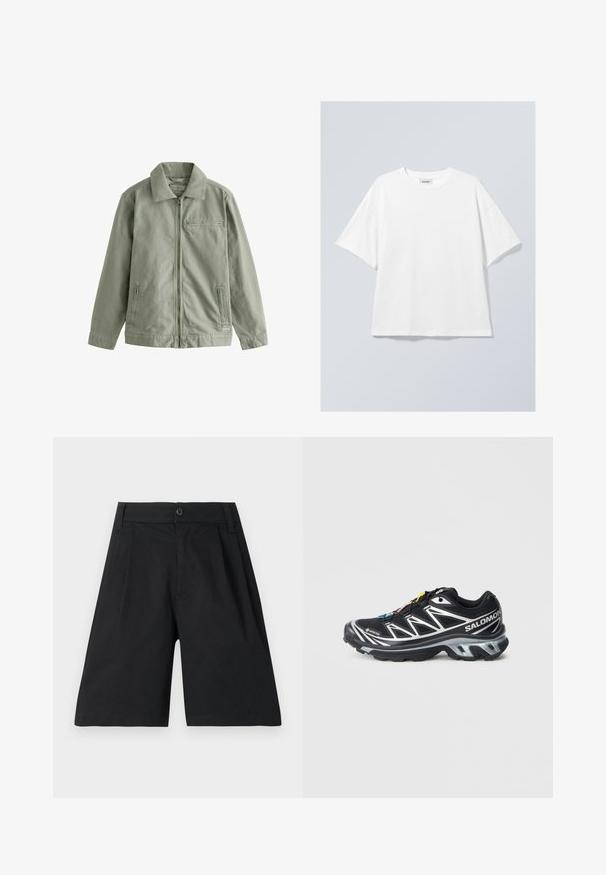 Svetlo zelena jakna iz trpežnega bombažnega materiala, z zadrgo spredaj, koničastim ovratnikom, stranskimi žepe in majhnim žepom na prsih.; Bela bombažna majica s krožnim izrezom in kratkimi rokavi. Ohlapen kroj brez vidnih vzorcev ali detajlov. Gladka tekstura.; Črne kratke hlače iz bombaža, s pravim krojem, pregibi, gumbom za zapiranje in gladko teksturo. Brez vidnih vzorcev ali okraskov.; Črne tekaške čevlje s srebrnimi akcenti, GORE-TEX materialom, teksturiranim podplatom in barvnimi vezalkami. Imajo oblazinjeno peto za podporo.