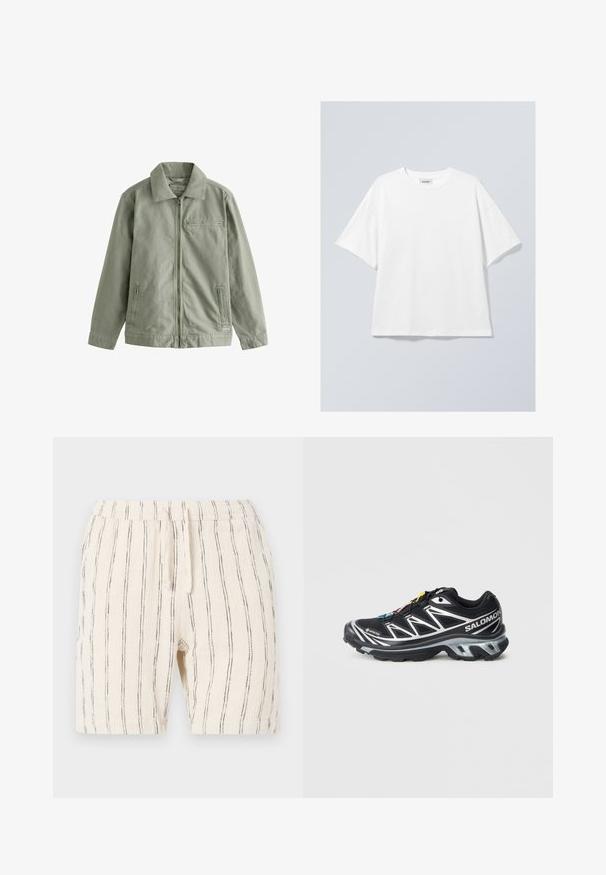 Vaaleanvihreä takki, joka on valmistettu kestävästä puuvillamateriaalista. Takissa on vetoketju etuosassa, terävä kaulus, sivutaskut ja pieni rintatasku.; Valkoinen puuvillapaita, jossa on pyöreä kaula-aukko ja lyhyet hihat. Rentomallinen, ilman näkyviä kuvioita tai yksityiskohtia. Sileä tekstiili.; Beige lyhyet housut, joissa on pystysuorat mustat raidat, elastisella vyötärönauhalla ja narulla, valmistettu teksturoidusta kankaasta.; Musta juoksukenkä, jossa on hopeisia yksityiskohtia, GORE-TEX-materiaalia, teksturoitu pohja ja värikkäät nauhat. Sisältää pehmustetun kantapään tukemiseen.