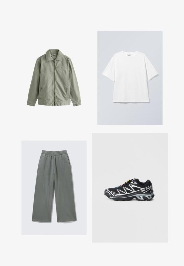 Hellgrüne Jacke aus strapazierfähigem Baumwollmaterial, mit einem Reißverschluss vorne, spitzem Kragen, Seitentaschen und einer kleinen Brusttasche.; Weißes Baumwoll-T-Shirt mit rundem Ausschnitt und kurzen Ärmeln. Entspannter Schnitt ohne sichtbare Muster oder Akzente. Glatte Textur.; Hellgraue, weit geschnittene Hose aus weichem Stoff, mit elastischem Taillenbund und zwei seitlichen Taschen, versehen mit sichtbaren Nähten.; Schwarzer Laufschuh mit silbernen Akzenten, GORE-TEX-Material, strukturiertem Sohlenprofil und bunten Schnürsenkeln. Verfügt über eine gepolsterte Ferse für zusätzlichen Halt.