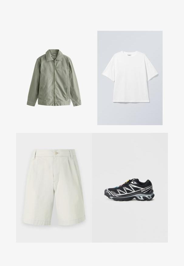 Svijetlo zelena jakna od čvrstog pamučnog materijala, s prednjim zatvaračem, šiljastim ovratnikom, bočnim džepovima i malim džepom na prsima.; Bijela pamučna majica s okruglim izrezom i kratkim rukavima. Opusti kroj bez vidljivih uzoraka ili naglasaka. Glatka tekstura.; Svijetlosivi pamučni šortsi s ravnim prednjim dijelom, kopčanjem na gumb, dva bočna džepa i ravnim krojem. Glatka tekstura, duljine do koljena.; Crne trkačke tenisice sa srebrnim akcentima, GORE-TEX materijalom, teksturiranom potplatom i šarenim vezicama. Imaju jastučić na peti za podršku.