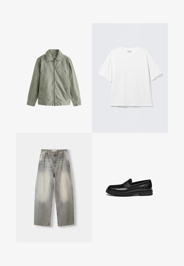 Light green jacket made of sturdy cotton material, featuring a zip front, pointed collar, side pockets, and a small chest pocket.; White short-sleeve t-shirt made of cotton with a round neckline and relaxed fit. No visible patterns or accents. Simple design.; Wide-leg jeans in a light gray wash. Features a faded finish, five pockets, and a button closure. Material is soft denim.; Black leather loafers with a smooth finish, featuring a textured suede accent on the vamp and a rugged rubber sole design.