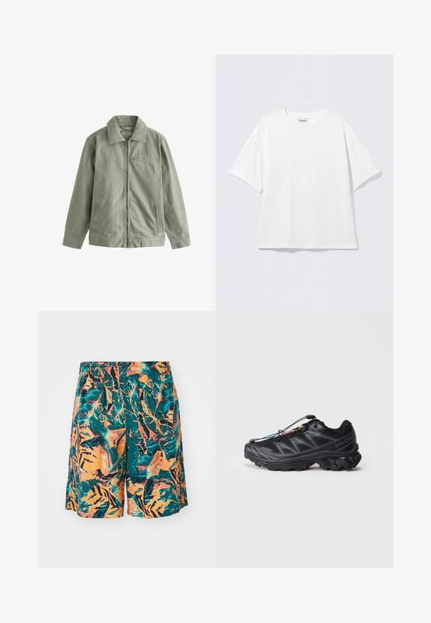 Gaiši zaļa jaka, izgatavota no izturīga kokvilnas materiāla, ar rāvējslēdzēja priekšpusi, uzslietu apkakli, sānu kabatām un mazu krūšu kabatu.; Balts kokvilnas īsroku krekls ar apaļu kakla izgriezumu un brīvu pieguvi. Bez redzamām rakstu vai akcentiem. Vienkāršs dizains.; Peldēšanas šorti ar oranžu, tējas un melnu džungļu lapu rakstu, izgatavoti no viegla auduma ar elastīgu jostu ērtībai.; Melna sporta kurpe ar teksturētu sietu augšdaļu, pastiprinātu purngali, un ātru savilkšanas sistēmu. Iezīmējas ar izturīgu zoli un vieglu papēža pacelšanos.