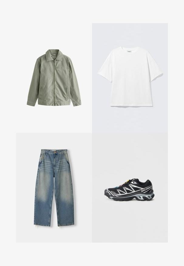 Vaaleanvihreä takki, joka on valmistettu kestävästä puuvillamateriaalista. Takissa on vetoketju etuosassa, terävä kaulus, sivutaskut ja pieni rintatasku.; Valkoinen lyhythihainen puuvillainen t-paita, jossa pyöreä pääntie ja rento istuvuus. Ei näkyviä kuvioita tai koristeita. Yksinkertainen muotoilu.; Vaaleansiniset farkut, joissa on leveä lahje ja haalistunut pinta, viisi taskua ja raaka helma. Edessä napitus ja vetoketjukiinnitys.; Musta juoksukenkä, jossa on hopeisia yksityiskohtia, GORE-TEX-materiaalia, teksturoitu pohja ja värikkäät nauhat. Sisältää pehmustetun kantapään tukemiseen.