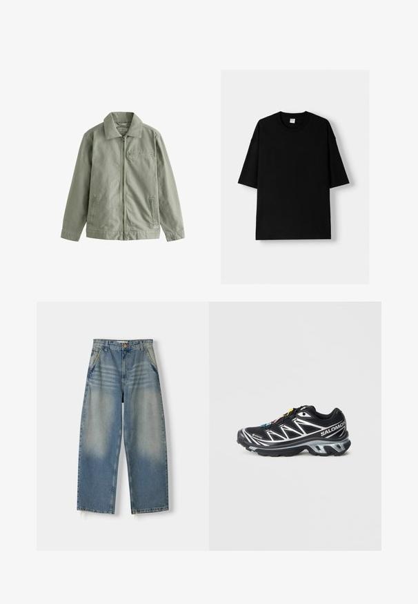 Jachetă verde deschisă, confecționată dintr-un material de bumbac rezistent, cu fermoar frontal, guler ascuțit, buzunare laterale și un mic buzunar pe piept.; Tricou din bumbac negru, cu mâneci scurte, guler rotund și o croială lejeră. Textură netedă și design minimalistic, fără modele sau accente.; Jeans cu croială largă din denim de culoare albastru deschis, cu un finisaj decolorat, design cu cinci buzunare și tiv brut. Include o închidere cu buton și fermoar în față.; Pantofii de alergare negri cu accente argintii, din material GORE-TEX, talpă texturată și șireturi colorate. Au un călcâi amortizat pentru suport.
