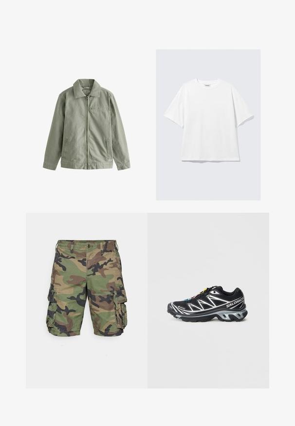 Chaqueta verde claro hecha de un material de algodón resistente, con cierre de cremallera en el frente, cuello puntiagudo, bolsillos laterales y un pequeño bolsillo en el pecho.; Camiseta blanca de manga corta con corte holgado, cuello redondo, tela suave y detalle de costura mínima. Sin logotipos ni patrones visibles.; Bermudas cargo camufladas en verde, marrón y negro. Hechas de una tela ligera con bolsillos laterales y cierre de botón, con un corte relajado.; Zapatilla de correr negra con acentos plateados, material GORE-TEX, suela texturizada y cordones coloridos. Cuenta con un talón acolchado para mayor soporte.