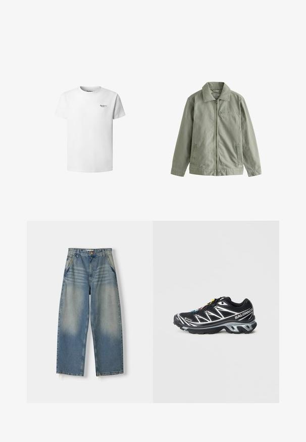 Hellgrüne Jacke aus strapazierfähigem Baumwollmaterial, mit einem Reißverschluss vorne, spitzem Kragen, Seitentaschen und einer kleinen Brusttasche.; Weißes Baumwoll-T-Shirt mit Rundhalsausschnitt, kurzen Ärmeln und einem kleinen schwarzen Logo auf der linken Brust. Glatte Textur, normale Passform.; Hellblaue Denim-Jeans im weit geschnittenen Stil mit einem ausgewaschenen Finish, Fünf-Taschen-Design und rohem Saum. Mit einem Knopf- und Reißverschluss vorne.; Schwarzer Laufschuh mit silbernen Akzenten, GORE-TEX-Material, strukturiertem Sohlenprofil und bunten Schnürsenkeln. Verfügt über eine gepolsterte Ferse für zusätzlichen Halt.